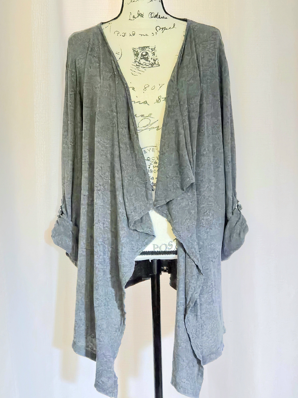 Calvin Klein Performance Heather Gray Draped Open Front Cardigan, Buckle Sleeves